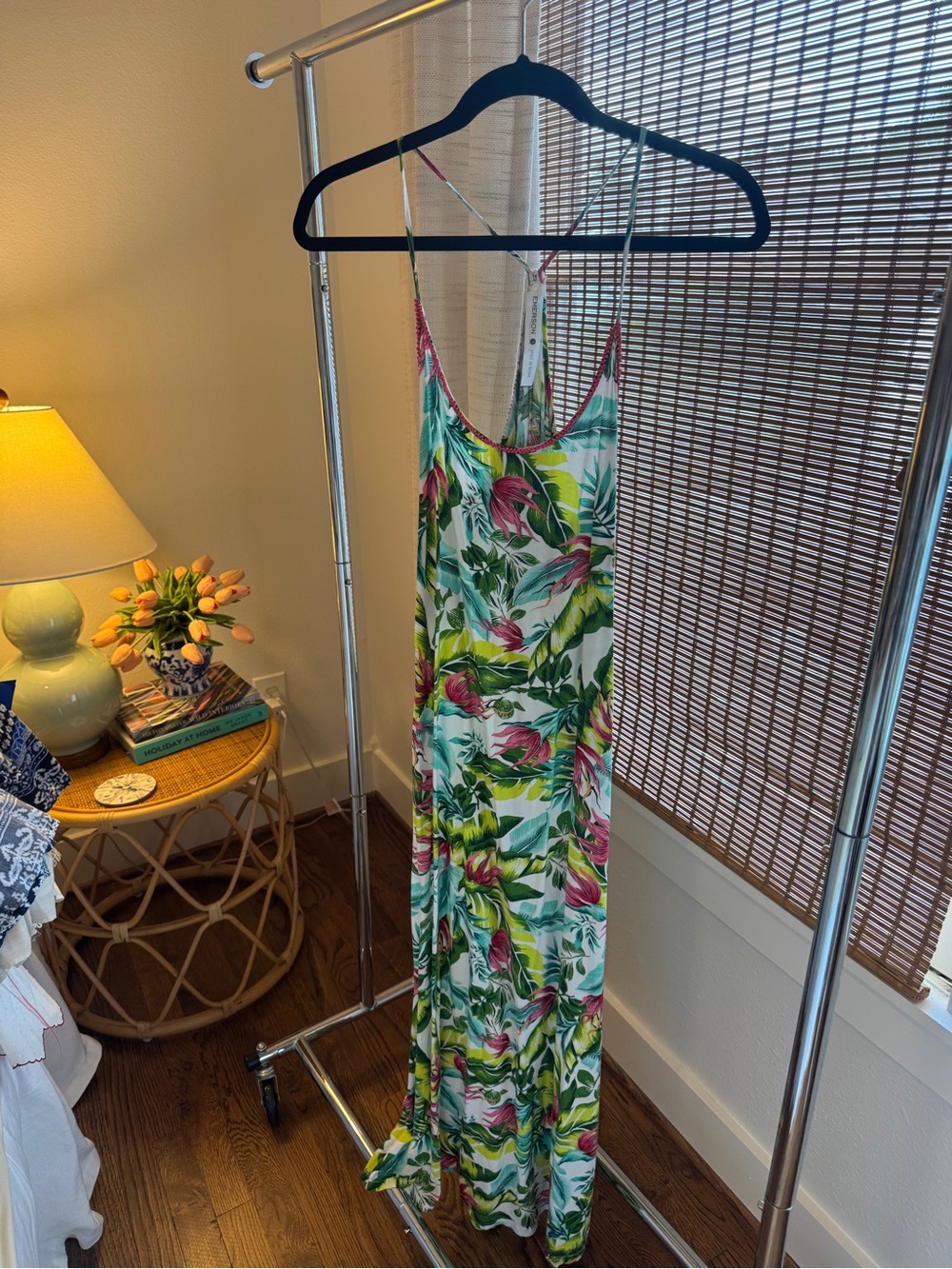 Floral Tropical Maxi Dress in Green and Pink